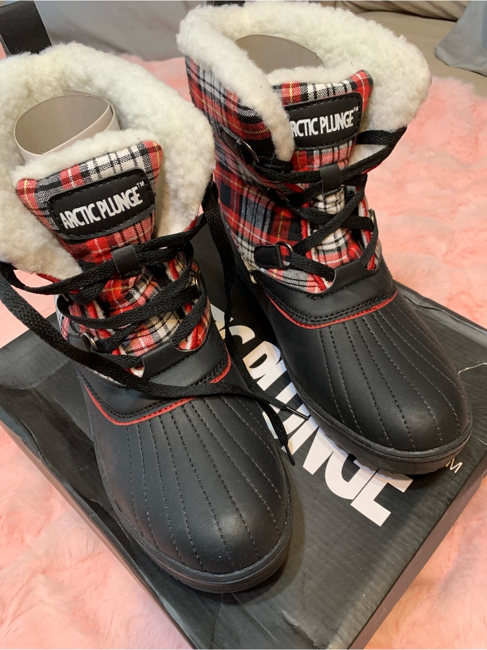 Arctic Plunge Women's Black Winter Boots with Red Plaid Trim